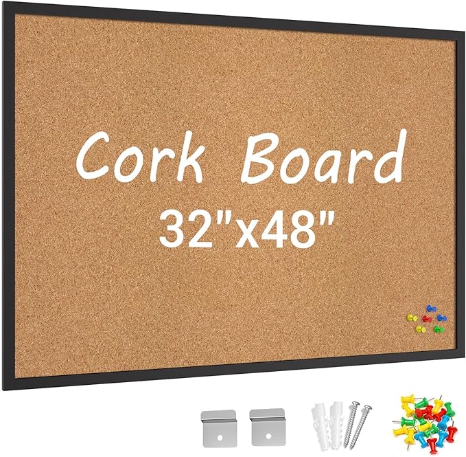 Cork Board Bulletin Board with Black Wood Frame， 32 x 48 Large Corkboard Pin Board for Wall,Office,Home and School