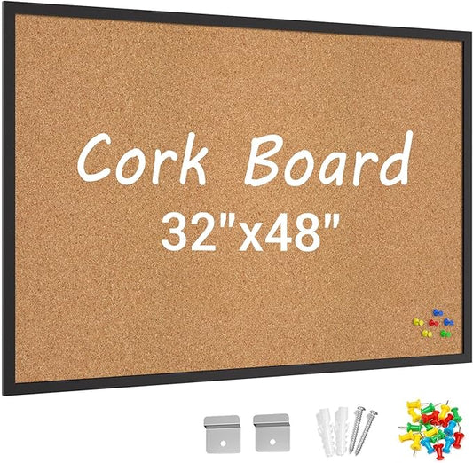 Cork Board Bulletin Board with Black Wood Frame， 32 x 48 Large Corkboard Pin Board for Wall,Office,Home and School
