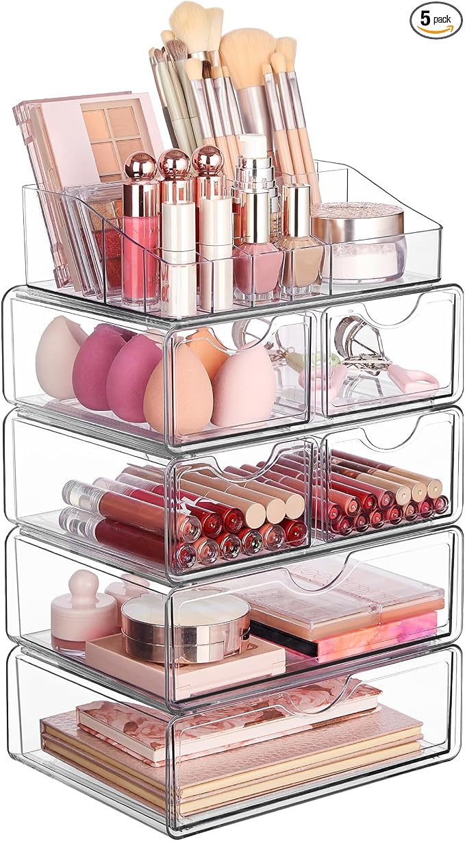 Vtopmart 5 Tier Clear Makeup Organizer with 6 Drawers | Smart Storage Layout, Clear for Better Visibility, Stackable, Large Capacity, for Makeup Lipstick Brush Skincare