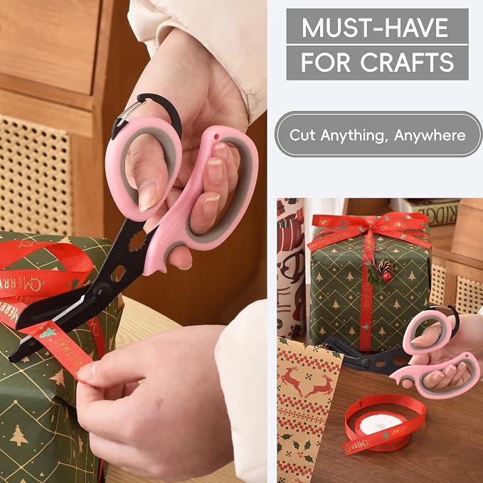 MEUUT All Purpose Scissors 2 Packs with Carabiner for Kitchen Outdoor | 7.5-inch heavy duty all purpose, Ambidextrous, micro-serrated stainless steel blades, integrated O2 wrench, soft rubber grip