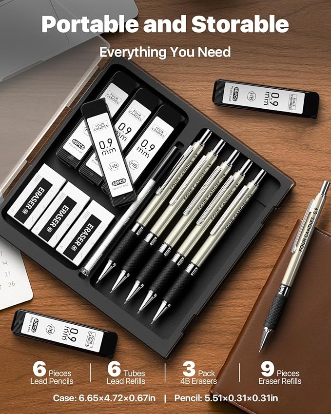 6PCS Metal Mechanical Pencil Set with 0.9mm Bold Point, 360 Leads, 12 Erasers, Art Mechanical Pencils Pack with Storage Case for School Writing, Sketching, Drawing & Professional Drafting