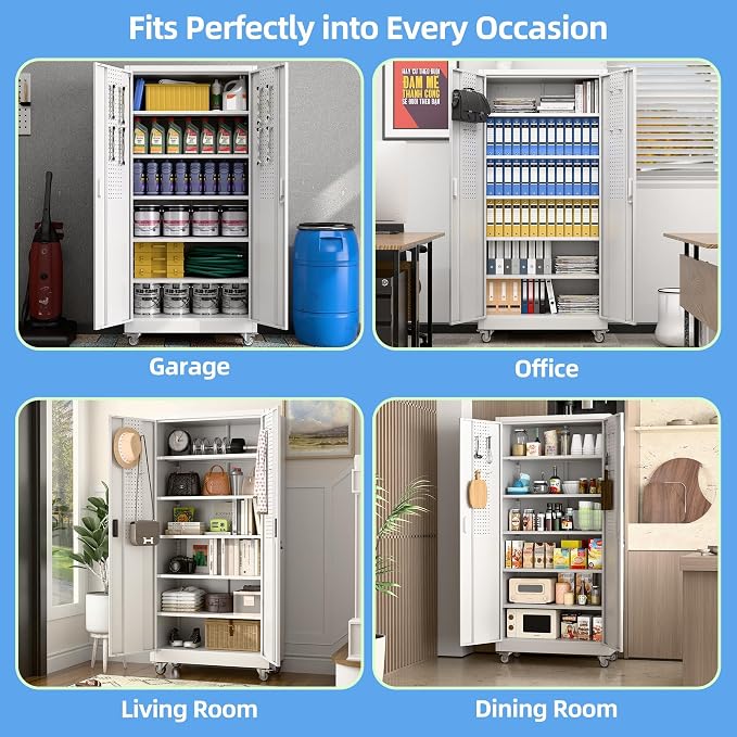Metal Storage Cabinet with Wheels and Pegboard, 71" Tall Industrial Steel Cabinet with 5 Adjustable Shelves & Locking Doors, Rolling Garage Storage Cabinet for Office, Pantry, Home