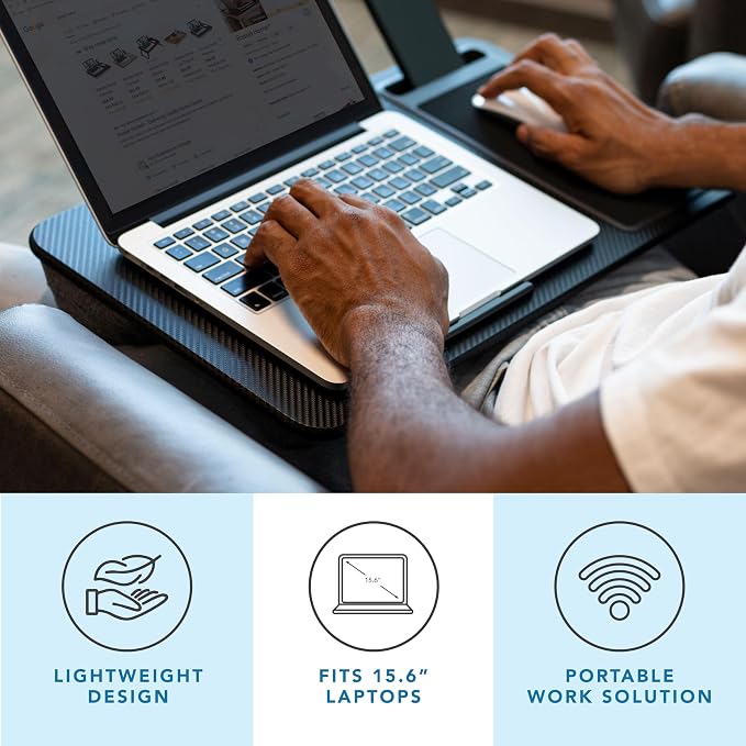 LAPGEAR Home Office Lap Desk – Black Carbon, Fits 15.6” Laptops | Built-In Mouse Pad & Phone Slot, Integrated Device Ledge, Dual-Bolster Microbead Cushion, Carry Handle
