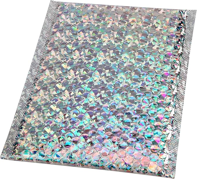 SINJEUN 50 Pieces 6 x 10 Inch Holographic Bubble Mailers, Silver Metallic Padded Bubble Mailers, Glamour Self Sealing Cushion Envelopes for Mailing, Shipping and Packing