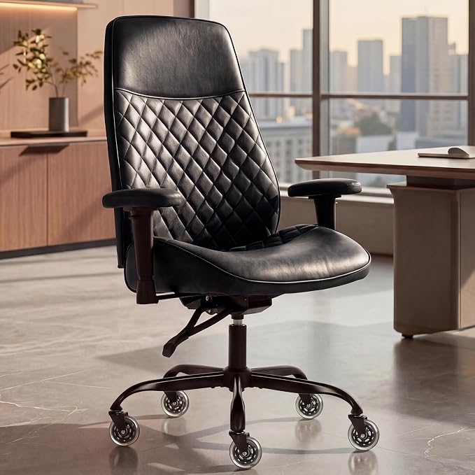 NEO CHAIR Leather Office Chair with Ergonomic Design, Executive Chair Black | Computer Desk Chair with Lumbar Support, Adjustable Height Arms, Comfy Home Office Chair, Smooth Rolling and Swivel Design