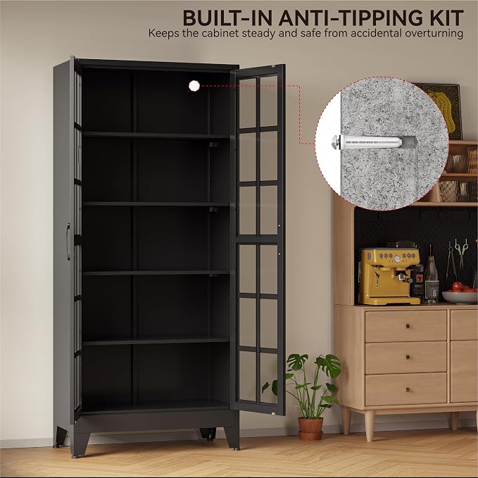 COFaR 71" Black Metal Pantry Cabinet with Glass Doors for Living Room | 5-tier pantry and display cabinet with glass doors and 4 adjustable shelves for kitchen, dining room, living room or office.