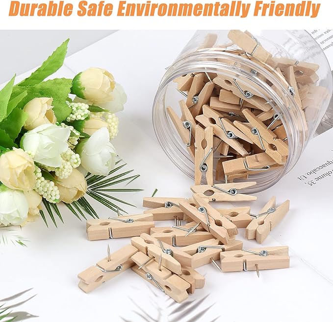 50 PCS Push Pin with Wooden Clips, Durable Wooden Push Pins, Decorative Pushpins Tacks Thumbtacks, Tacks for Cork Board Artworks Notes Photos, Craft Projects, Offices and Homes (Burlywood)