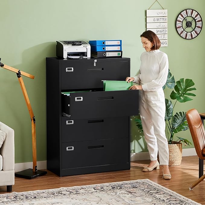 File Cabinets,4 Drawer Metal Lateral Filing Organization Storage Cabinets with Lock,Home Office for Hanging Files Letter/Legal/F4/A4 Size (Require Assembly)