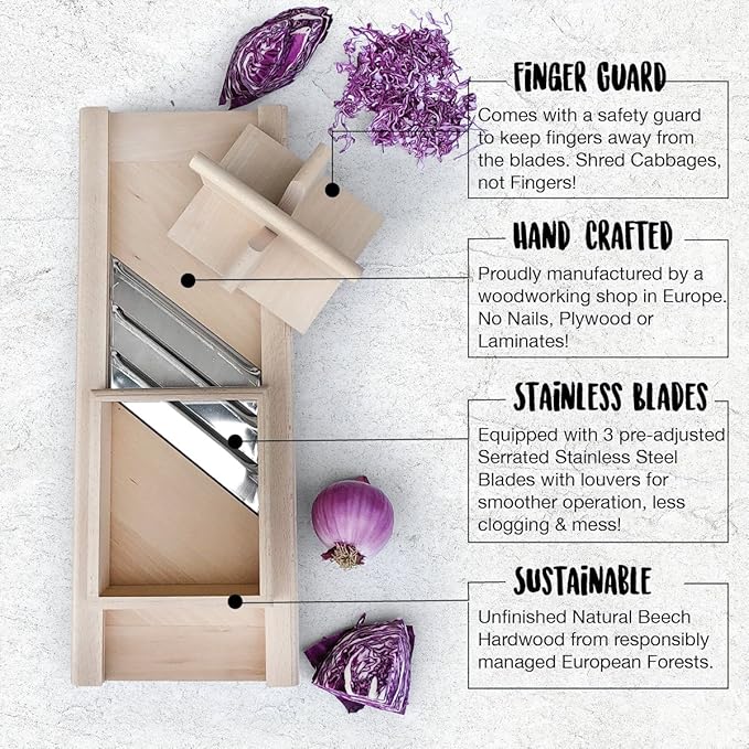 -Traditional Wooden Cabbage Shredder Slicer with Hand Guard for Finely Cut Sauerkraut and Coleslaw - Heirloom Quality - Made in Europe!