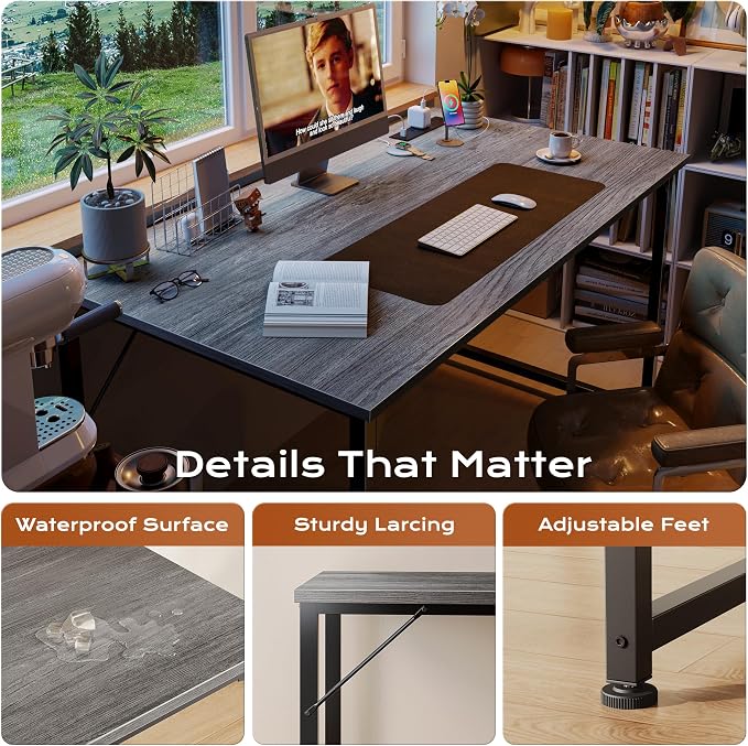 47 X 24 Inch Deeper Desk with Power Outlets | Computer Desk for Bedroom, Office Desk for Work from Home, Writing Study Gaming Table, Stable Metal Frame, Grey