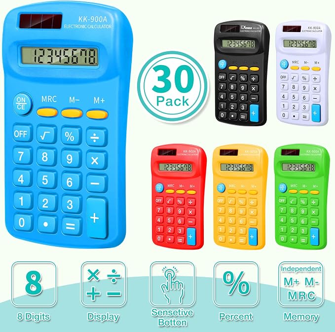 Flutesan 30 Pack Pocket Calculator,Green, White, Red, Yellow, Blue, Black | Mini 4 Function Calculators, for Students Kids, Small Battery Powered Bulk, Basic Handheld, for School Classroom Home Office