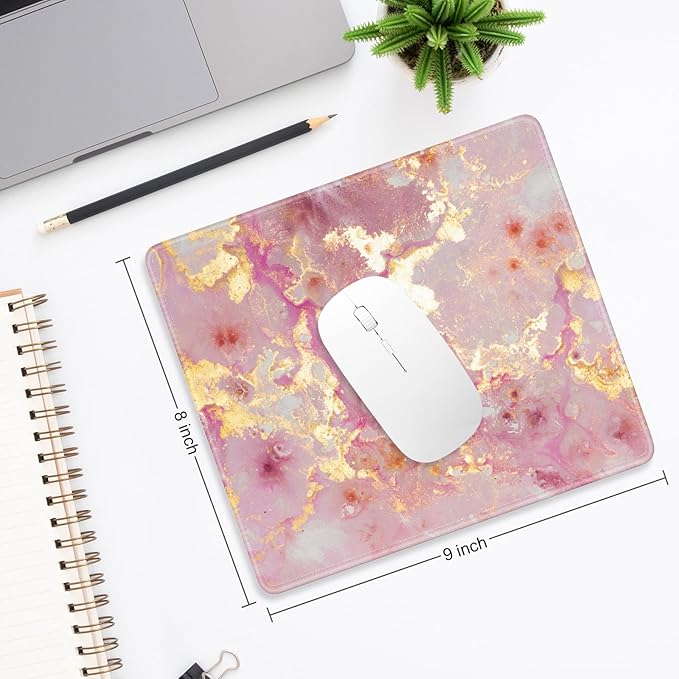 Mouse Pad, Minimalism Marble Style Computer Pad, Anti-Slip Rubber Mouse Mat with Stitched Edges for Gaming, Office, Laptop, PC, Women, 9" x 8" Thick 3 mm, Pink Gold Marble