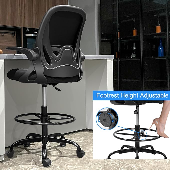 Drafting Chair Tall Office Chair with Flip-up Armrests Executive Ergonomic Computer Standing Desk Chair with Lumbar Support and Adjustable Footrest Ring (Black) (Pack of 2)
