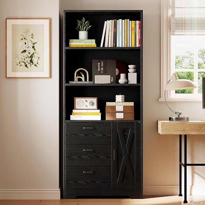 IRONCK 71 in Bookshelf with Doors and Drawers, Industrial Tall Bookcase | Engineered wood with 3-tier shelves, 3 drawers, enclosed storage, anti-tip hardware, 132 lb maximum capacity, for home office
