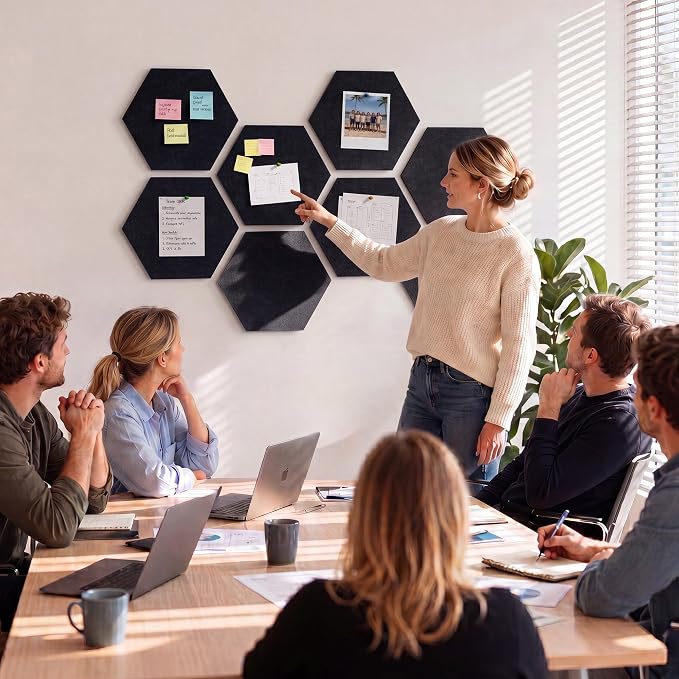 8-Pack Hexagon Felt Bulletin Board Tiles, Cork Board Alternative | For students and teachers creating vision boards in homes, offices, dorms or classrooms; includes 40 tabs and 30 push pins