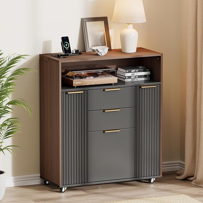 Fluted Mobile File Cabinet with Charging Station | 37" Rolling Storage Cabinet with 3 Drawers, Printer Stand with Wheels for Home Office, Black Walnut