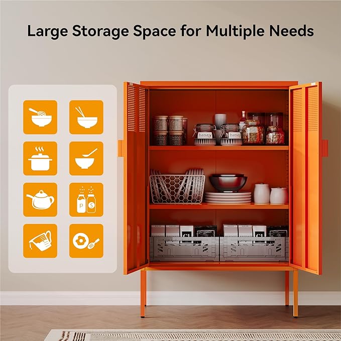 COFaR Orange Metal Storage Cabinet, 47”H Vibrant Coffee Bar & Buffet Sideboard with Adjustable Shelves, Fun Kitchen Organizer, Ventilated Steel Cabinet with Magnetic Doors for Dining Room, Office