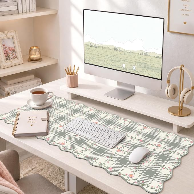 iCasso Light Green Mouse Mat 35.4"x15.7", Desk Shield for Workspace | Stylish Floral Desk Pad Including Stitched Edges, Scalloped Mousepad for Study Dorm Home Office Workspace Area