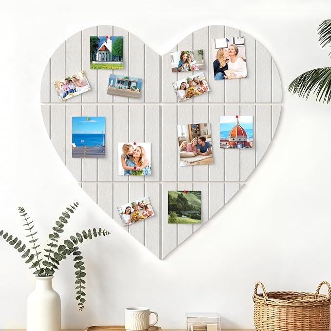 Heart Shaped Felt Bulletin Board 29"x29", 6 Tiles Wall Decor, Beige | Photo Display Memo Board for Office Home, Felt Pin Board with Adhesive Tiles and Pins for Notes, Photos and Artwork