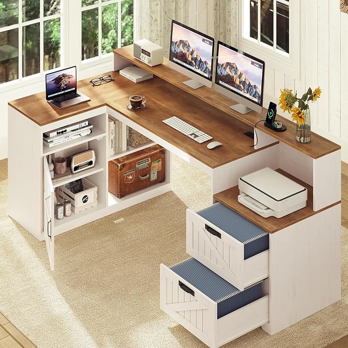 63" Farmhouse L Shaped Desk with Drawers and Printer Stand for Home Office | Computer Desk with Power Outlet, Home Office Desk with Storage Shelves and Monitor Stand, Brown and White