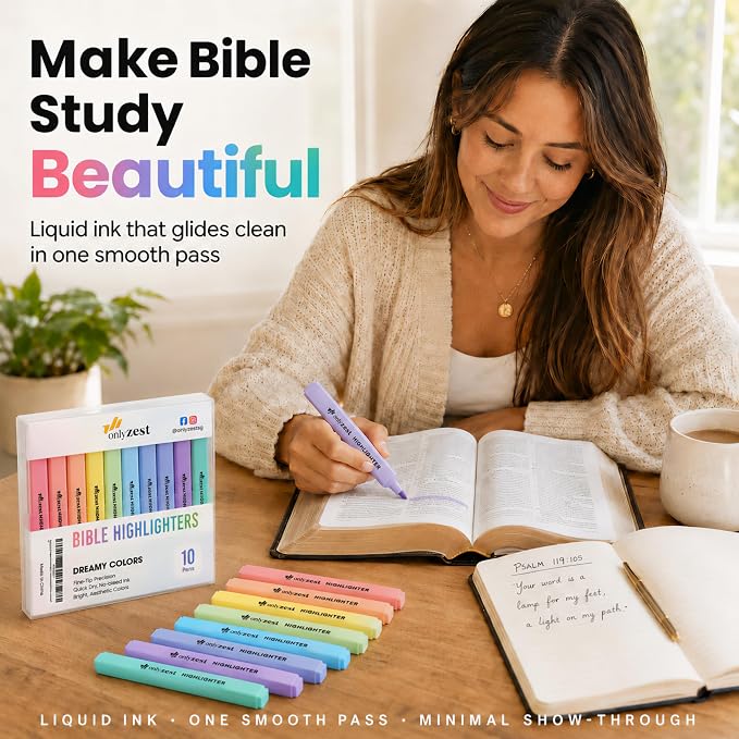 10 Aesthetic Bible Highlighters - Chisel Tip Liquid Ink Marker | Pen with Snap Caps for Clean Highlighting - Assorted Colors, No Bleed & Quick Dry - Bible Marker for Journaling & Studying
