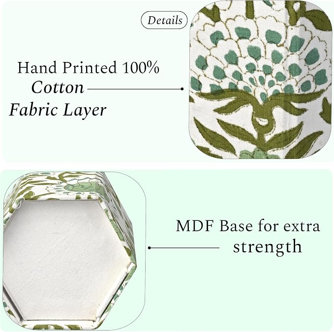 CPC Agate Green Block Print Cotton Pen Holder Set of 2 | Boho Makeup Brush Holder Floral Pencil Cup Girls Kids Durable Stand Desk Organizer Storage Floral Office Supplies, Classroom