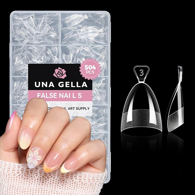UNA GELLA Short Almond Gel Nail Tips: 504PCS Acylic Nail Tips Almond Shape | Extra Short Pre Etched Half Cover 12sizes Salon Quality Soft Press On Nails DIY for Home Nails Extension