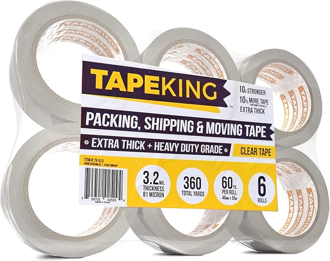 Tape King Clear Packing Tape Ultra Thick | 60 Yards Per Roll (6 Rolls) | 2 Inch Wide Heavy Duty Packing Tape 3.2mil Strong Adhesive for Moving Boxes, Shipping Cartons, Office Use, Sealing (360 Yards)