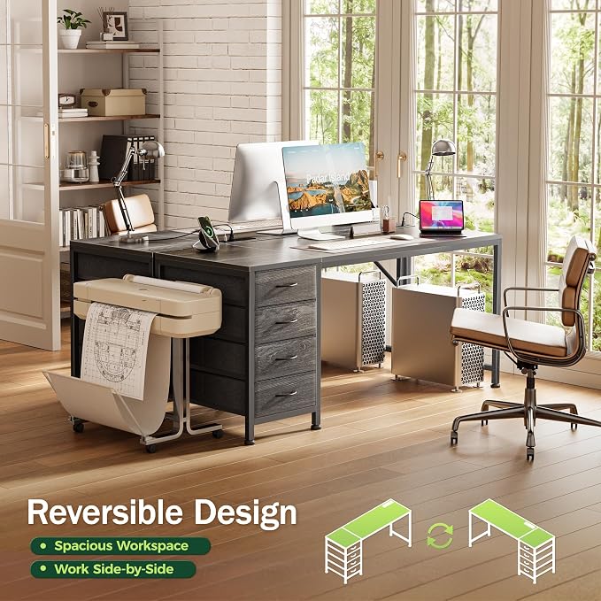 55.1 Inch Computer Office Desk with Power Outelts and USB-C Port, Reversible Gaming Desk with 4 Fabric Drawers, Work Study Desk Work from Home, Grey