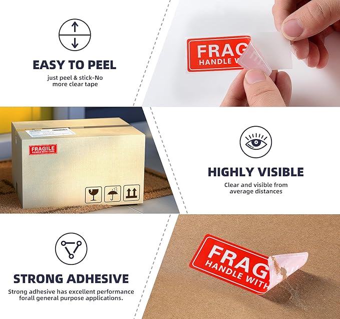 1 x 3 Inch Handle with Care 1000 Permanent Adhesive Fragile Stickers for Shipping Moving Glass Labels (1 Roll, 1000 Labels)