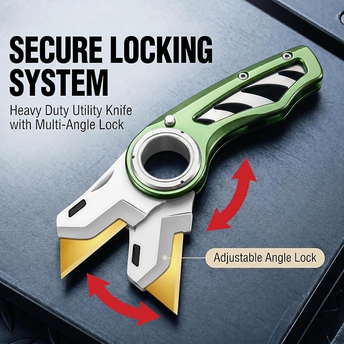 2 Pack Heavy Duty Box Cutter Pocket Folding Utility Knife with Safety Finger Loop & 10 Long-Lasting Gold Titanium Blades for Breaking Down Cardboard, for Home, Office, Warehouse (Green)