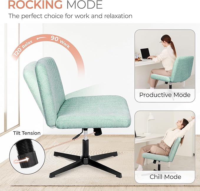 Orange Factory Criss Cross Chair No Wheel Wide Cross Legged Office Desk Vanity Chair Comfy Fabric Armless Adjustable Swivel for Home Computer Task (Mint No Wheel, Classic Fabric)