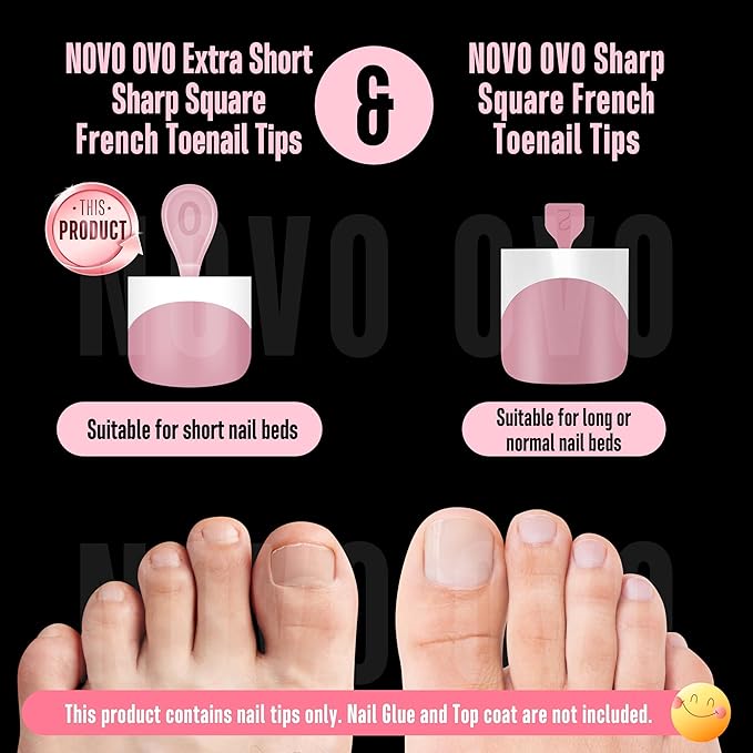 NOVO OVO Extra Short Toe Nail Tips White French Tip BERRY PINK Sharp Square Press On, Soft Gel False Fake Toenail Extension Kit, Need Apply Top Coat Buider Gel Nail Glue, Salon DIY x 16 Sizes 224 Pcs