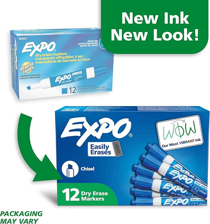 EXPO Dry Erase Markers, Low Odor Ink, Blue, Chisel Tip, 144 Count - Whiteboard, Calendar, Organization, Essential Supplies for Office, School, Classroom, Teachers, Pack of 12