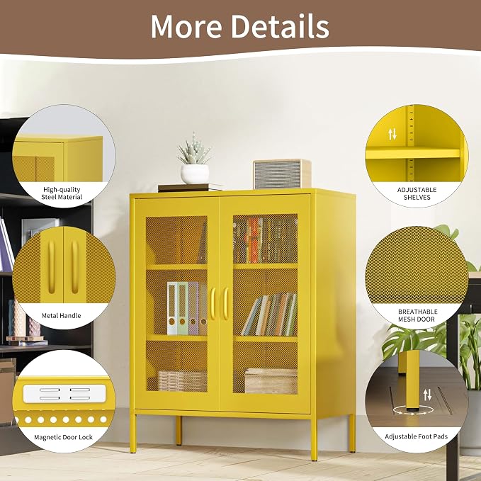 Washsemba Metal Storage Cabinet with Mesh Doors,Steel Display Cabinet with Adjustable Shelves,Metal Office Storage Locker for Home Office,Garage(Yellow, 40''H)
