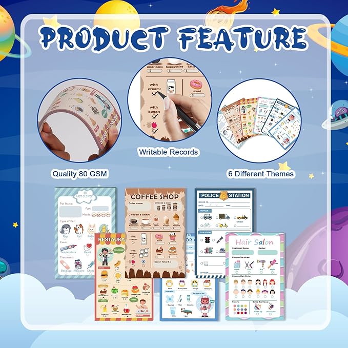 Kids Pretend Play Notepads 4X6 In Pretend Play Notebooks Playtime Notepads Variety Role Play Game Accessories Pages Each for Kids Toddlers 3-5(6,Coffee shop/restaurant/doctor/police/vet/salon)