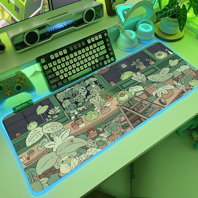 JMIYAV Little Frog RGB Green Gaming Mouse Pad 31.5x12 Inch PC XL Large Glowing Led Light Up Desk Pad Non-Slip Rubber Base Computer Cute Mousepad Mat Desk Accessories Gaming Setup 31.5x12 Inch