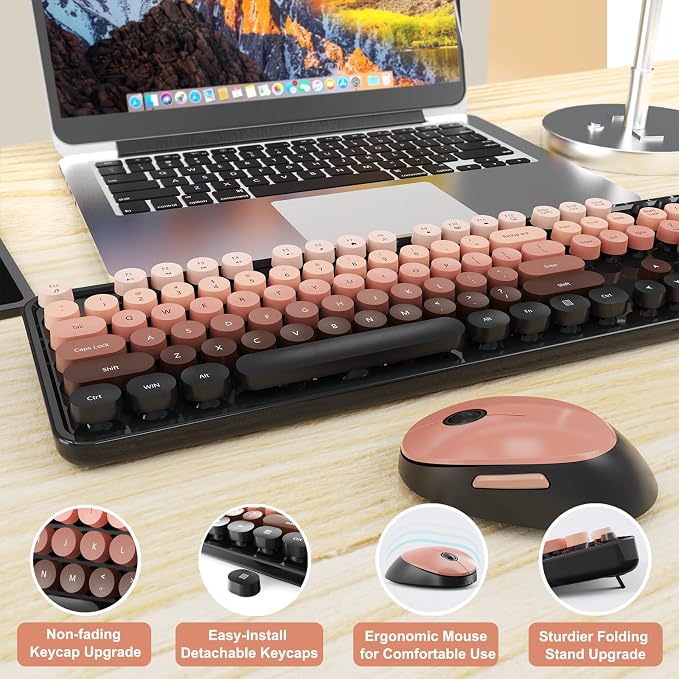 SkyGive Wireless Keyboard and Mouse Combo, Ergonomic Full Size Typewriter Retro Round Keycaps Keyboard, Compatible with Windows, PC, Perfer for Home and Office Keyboards (Aurora Red)