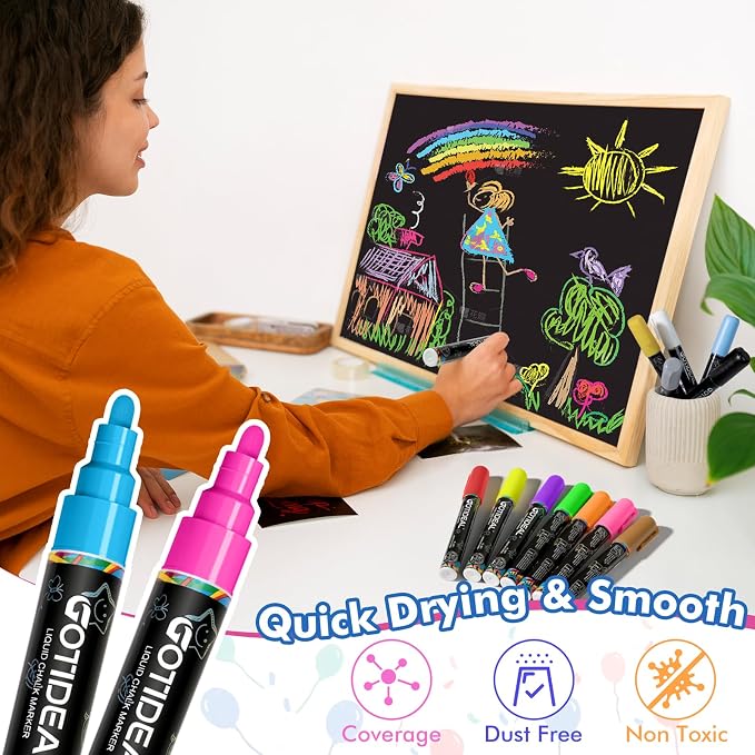 GOTIDEAL Chalk Markers, 12 Colors Liquid Chalk Markers for Blackboard | Chalkboard Markers for Paint and Drawing, Calendar, Glass, Car, Auto, Bistro, Mirror, Wet Erase Chisel Tip Window Marker