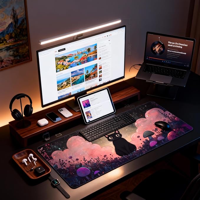 Cute Anime Black Cat Gaming Mouse Pad, Blue Pink Dreamy Desk Mat with Anti-Slip Base & Stitched Edges, Office Supplies & Desk Decor for Women, 35.4" x 15.7" in Home Office Essentials