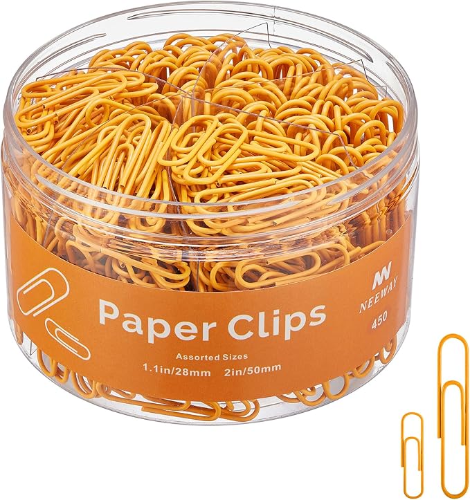 NEEWAY 450pcs Paper Clips Assorted Sizes, Small and Large Paper Clips (1.1 inch, 2 inch), Coated Paperclips for Office School Document Organizing (Orange)