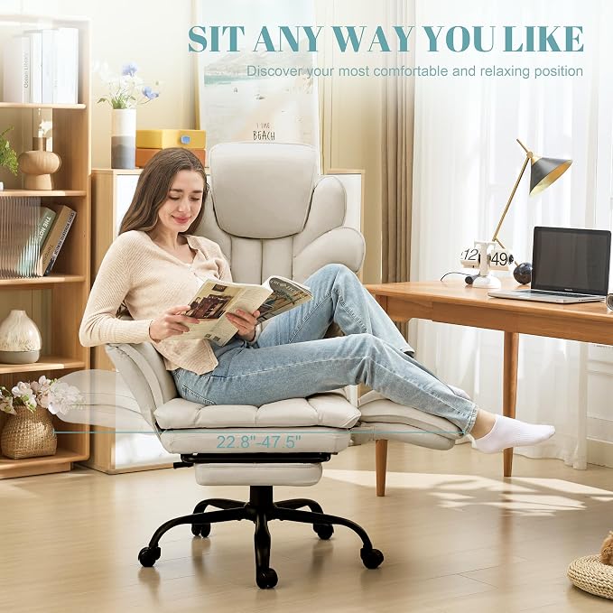 Flip Armrests Criss Cross Office Chair, Reclining Office Chair with Foot Rest, Adjustable Headrest, Massage Waist Pillow, Cross Legged Big and Tall Desk Chair Wide Seat Vanity Chair, Beige PU Leather