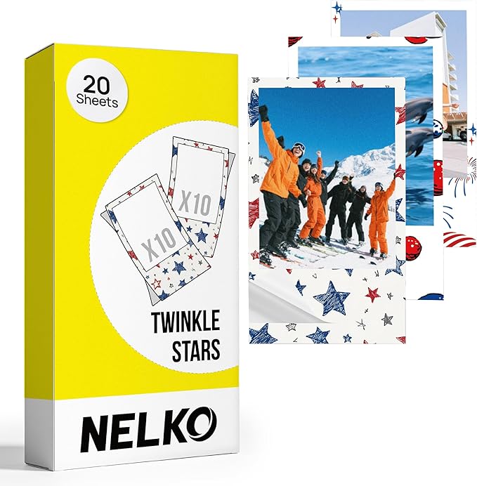 Nelko 52.3x90mm (2.06"x3.54") Premium Photo Paper, 20-Pack Genuine PP01 Pocket Printer Paper, Sticky Back Picture Paper, Compatible with Nelko PP01 Photo Printer, Easy to Peel Off, Twinkle Star