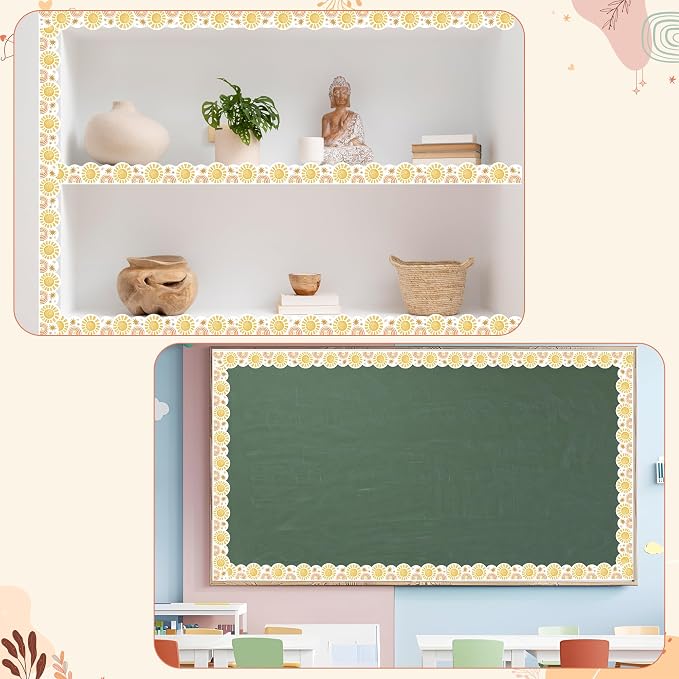 BeYumi Boho Sun Border Trim - 65ft Back to School Boho Sun Scalloped Rolled Border Trim Pastel Watercolor Bulletin Board Set Classroom Office Chalkboard Kindergarten Elementary Home Party Decoration