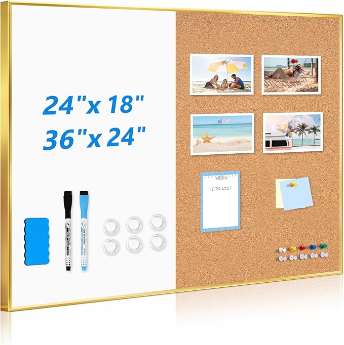 Magnetic Dry Erase White Board & Cork Board Combo, 36"x24", Wall Mounted | Gold Aluminum Frame, Dry Erase Board and Cork Bulletin Board, Vision Board, for Home Office, School, Kitchen