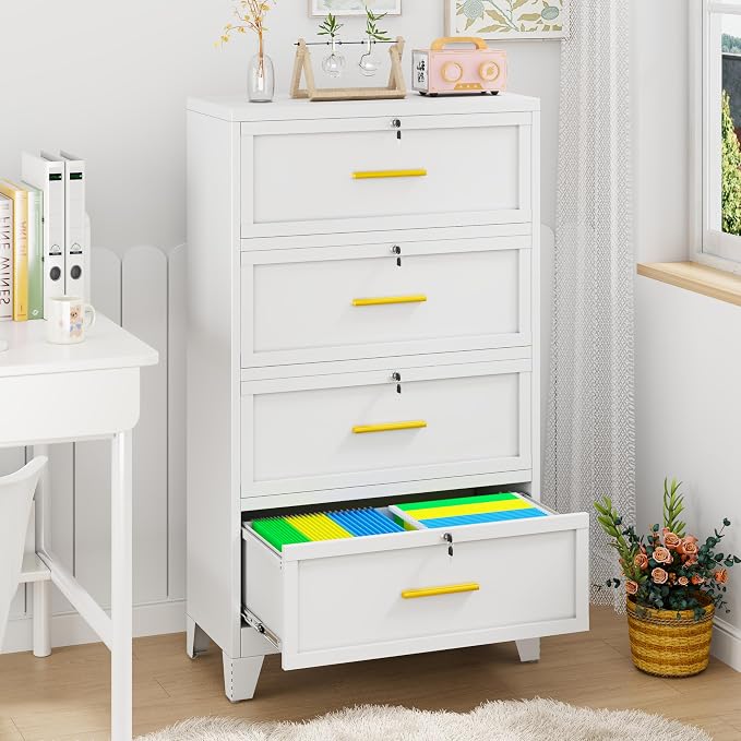 4 Drawer File Cabinet with Lock, Wide Metal Cabinet for Home Office | Wide lateral file cabinet for Letter, Legal, A4 and F4 hanging folders; individual locks, adjustable feet, anti-tip design