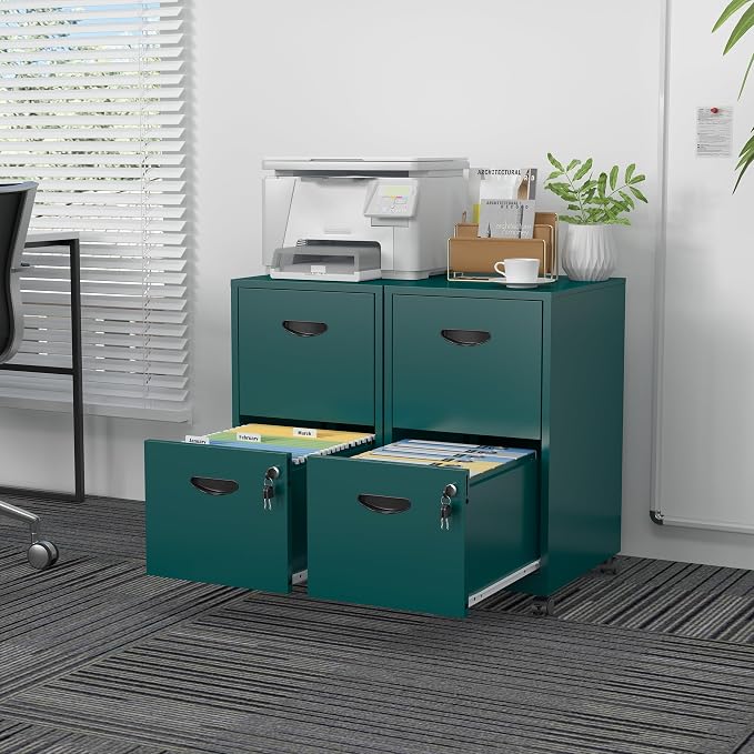 SteeLoong 2 Drawer File Cabinet,Metal Mobile File Cabinet with Lock Green | Filing Cabinet with Wheel,Vertical File Cabinet for Home Office,Under Desk Rolling File Cabinets for Hanging Letter/A4