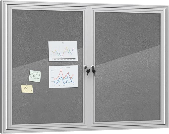 Mifuro 48"x34" Enclosed Bulletin Board, Outdoor Lockable Weather-Resistant Aluminum Cork Noticeboard for School & Office, Silver Frame w/Grey Flet