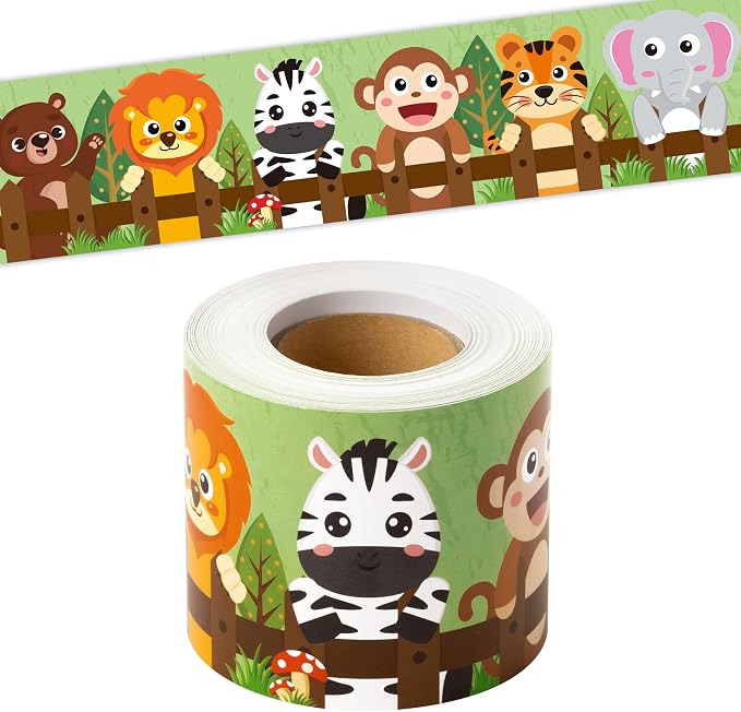 BeYumi Jungle Animals Border Trim - 65ft Back to School Jungle Animals Straight Rolled Border Trim Cute Safari Themed Zoo Animal Bulletin Board School Classroom Office Chalkboard Party Holiday Decor