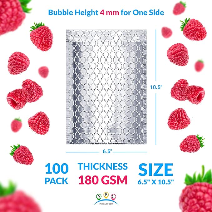 ABC PACK & SUPPLY Thermal Bubble Mailer, 6.5 x 10.5 Inch Metallic Foil Insulated Envelopes, 100 Pack Self Seal Waterproof Shipping Mailers